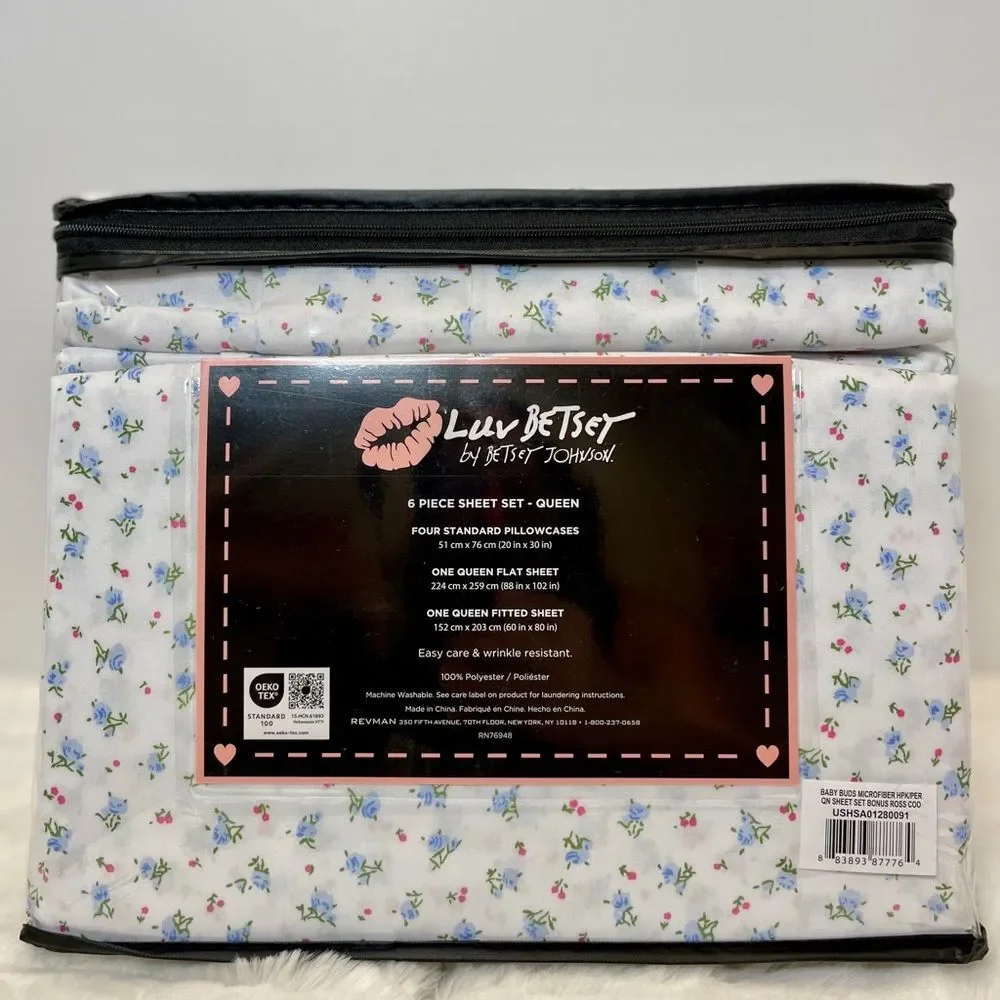 Betsey Johnson Blue Baby Buds Microfiber Floral‎ Coquette QUEEN Sheet Set NEW